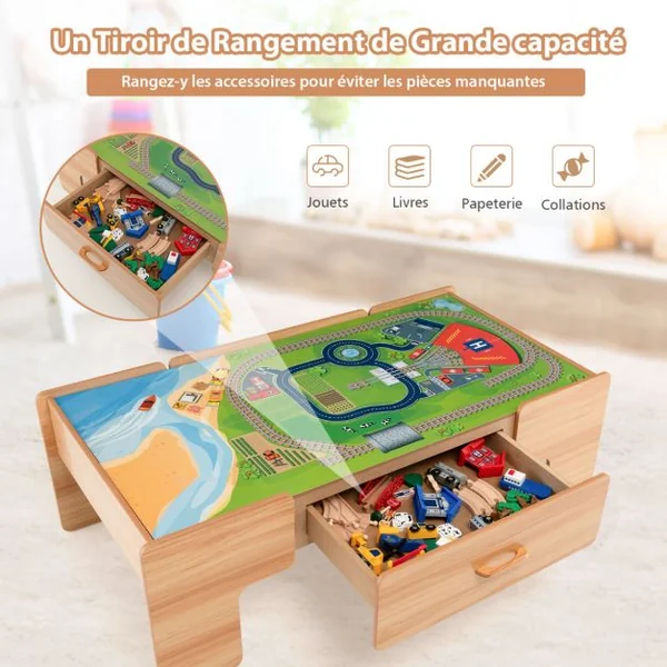 Table Circuit Train en Bois 100 Accessoires avec Tiroir de Rangement Jouet Educative pour Enfants 3 Ans +