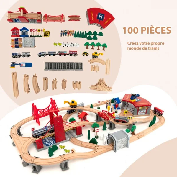 Table Circuit Train en Bois 100 Accessoires avec Tiroir de Rangement Jouet Educative pour Enfants 3 Ans +