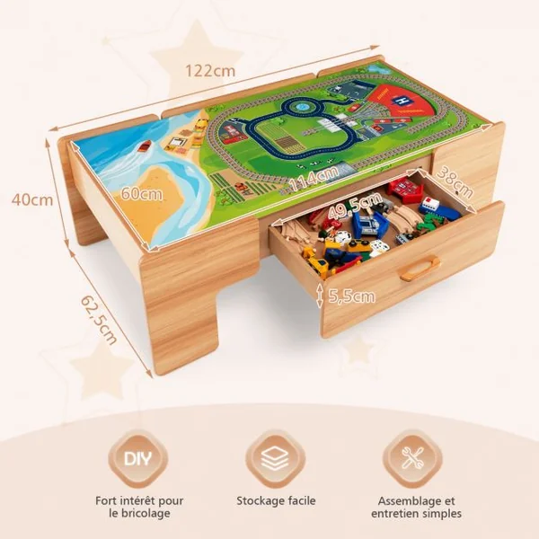 Table Circuit Train en Bois 100 Accessoires avec Tiroir de Rangement Jouet Educative pour Enfants 3 Ans +