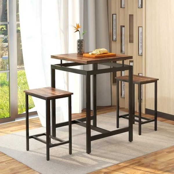 Table Comptoir avec 2 Tabourets IntégréEnsemble de Table de Bar avec Plateau Flottant et Repose-pieds Marron Rustique