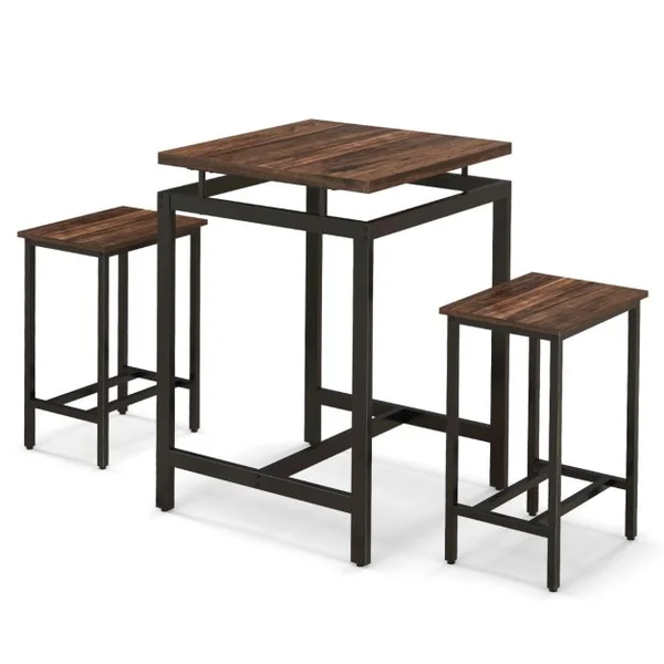 Table Comptoir avec 2 Tabourets IntégréEnsemble de Table de Bar avec Plateau Flottant et Repose-pieds Marron Rustique