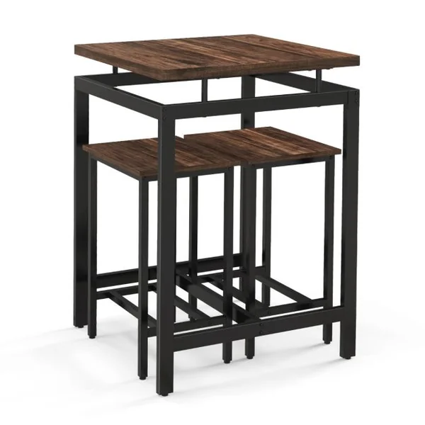 Table Comptoir avec 2 Tabourets IntégréEnsemble de Table de Bar avec Plateau Flottant et Repose-pieds Marron Rustique