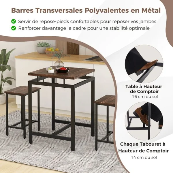Table Comptoir avec 2 Tabourets IntégréEnsemble de Table de Bar avec Plateau Flottant et Repose-pieds Marron Rustique
