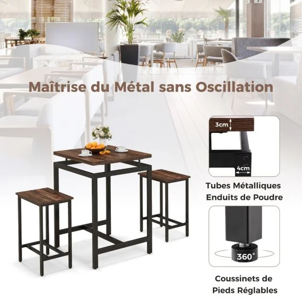 Table Comptoir avec 2 Tabourets IntégréEnsemble de Table de Bar avec Plateau Flottant et Repose-pieds Marron Rustique