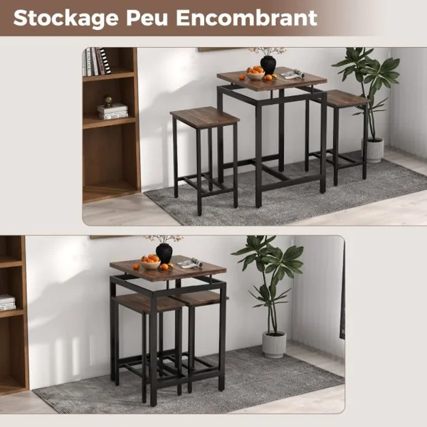 Table Comptoir avec 2 Tabourets IntégréEnsemble de Table de Bar avec Plateau Flottant et Repose-pieds Marron Rustique