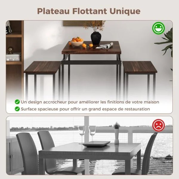 Table Comptoir avec 2 Tabourets IntégréEnsemble de Table de Bar avec Plateau Flottant et Repose-pieds Marron Rustique