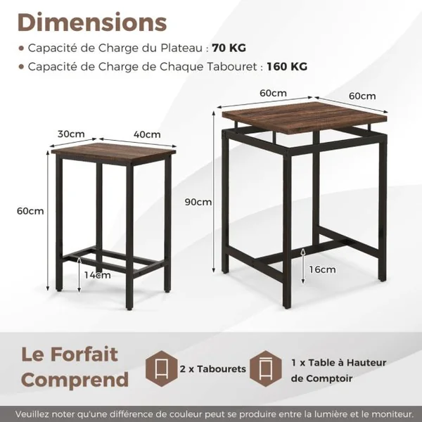 Table Comptoir avec 2 Tabourets IntégréEnsemble de Table de Bar avec Plateau Flottant et Repose-pieds Marron Rustique