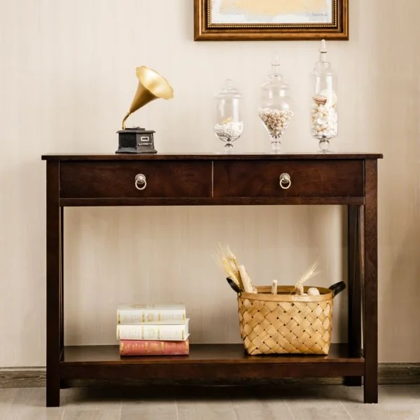 Table Console 2 Tiroirs Console Entrée 2 Étagères Cadre en X Console Meuble Bois pour Couloir Salon Entrée 106 x 35 x 78 cm Brun