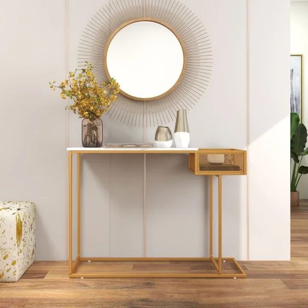 Table Console avec Rangement Table d’Appoint Imitation Marbre Blanc et Cadre en Métal Doré Table d'Entrée avec Panier en Fil Métallique