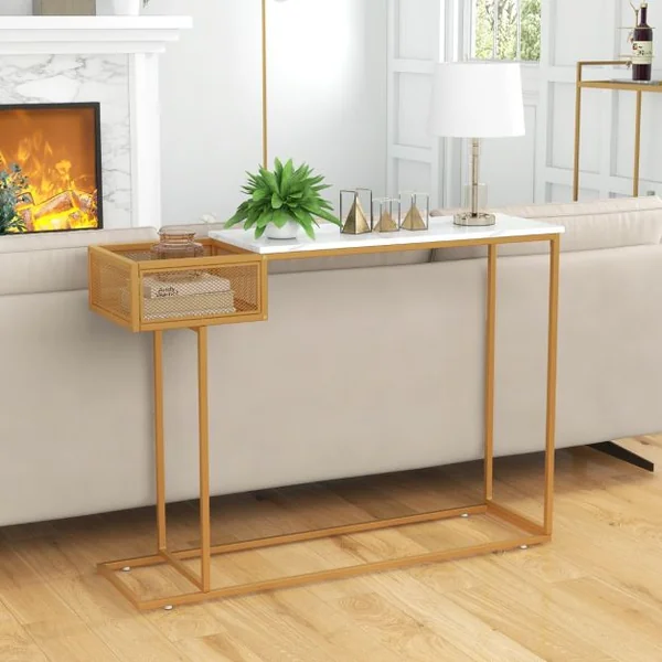 Table Console avec Rangement Table d’Appoint Imitation Marbre Blanc et Cadre en Métal Doré Table d'Entrée avec Panier en Fil Métallique