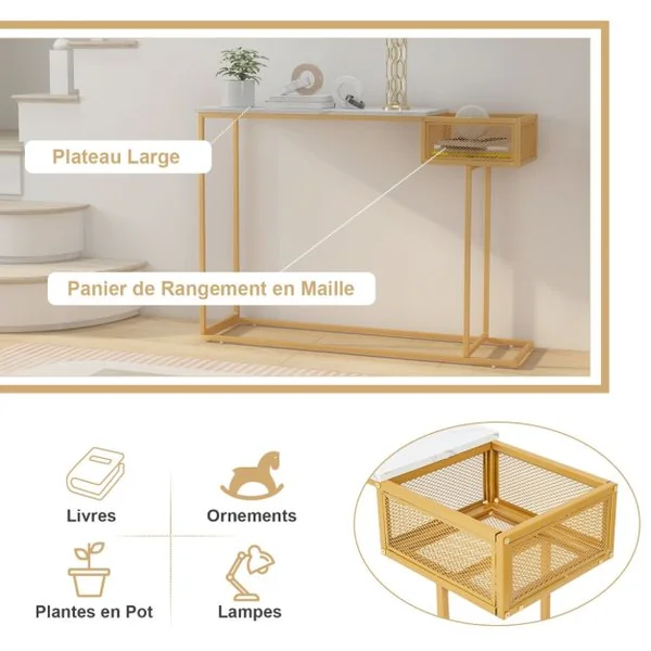 Table Console avec Rangement Table d’Appoint Imitation Marbre Blanc et Cadre en Métal Doré Table d'Entrée avec Panier en Fil Métallique