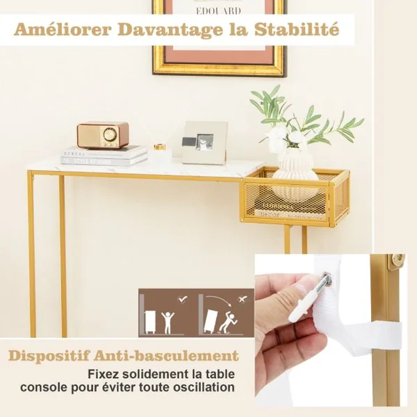 Table Console avec Rangement Table d’Appoint Imitation Marbre Blanc et Cadre en Métal Doré Table d'Entrée avec Panier en Fil Métallique