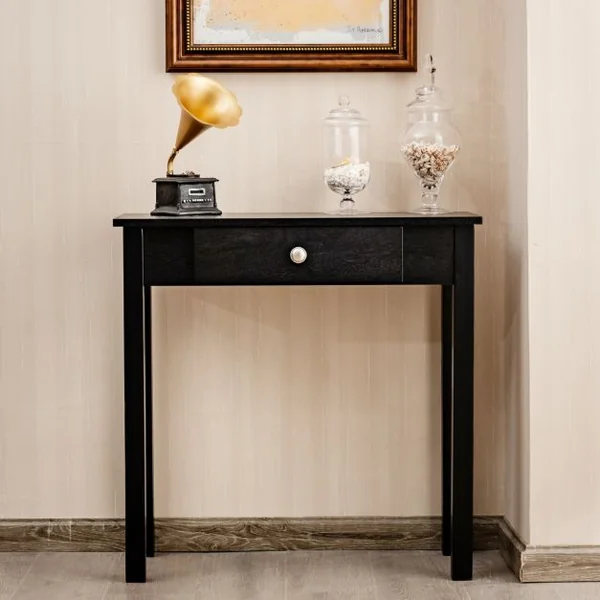 Table Console avec Tiroir Table de Chevet avec Pieds en Bois Massif Table d’Appoint pour Salon Salle de Bain Marron/Noir