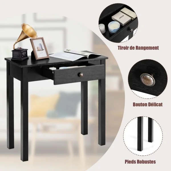 Table Console avec Tiroir Table de Chevet avec Pieds en Bois Massif Table d’Appoint pour Salon Salle de Bain Marron/Noir