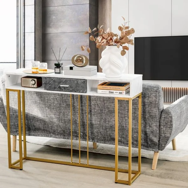 Table Console avec Tiroir Table d'Entrée à 2 Niveaux en Acier Doré Meuble d'Entrée Étroite pour Salon Couloir Blanc