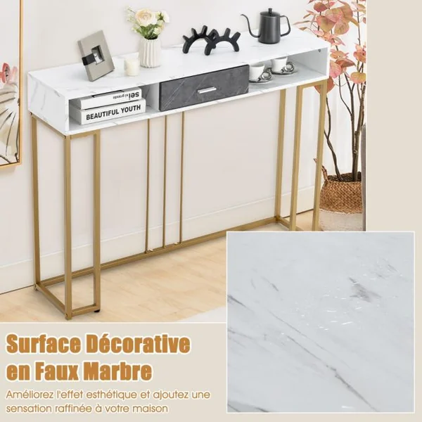 Table Console avec Tiroir Table d'Entrée à 2 Niveaux en Acier Doré Meuble d'Entrée Étroite pour Salon Couloir Blanc