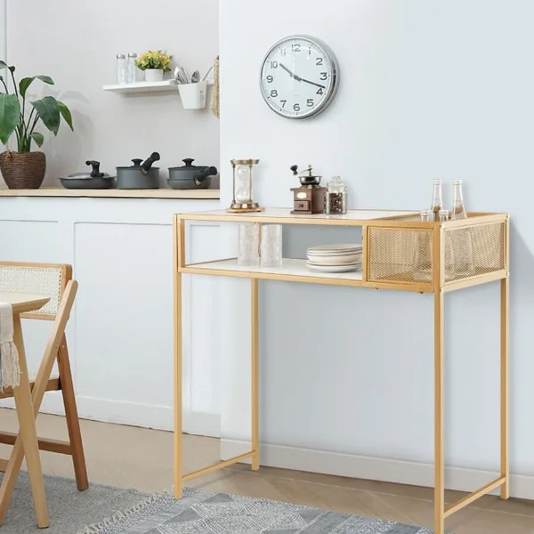 Table Console avec Étagère Ouverte Structure en Acier Doré Table d'Entrée Moderne pour Salon Couloir