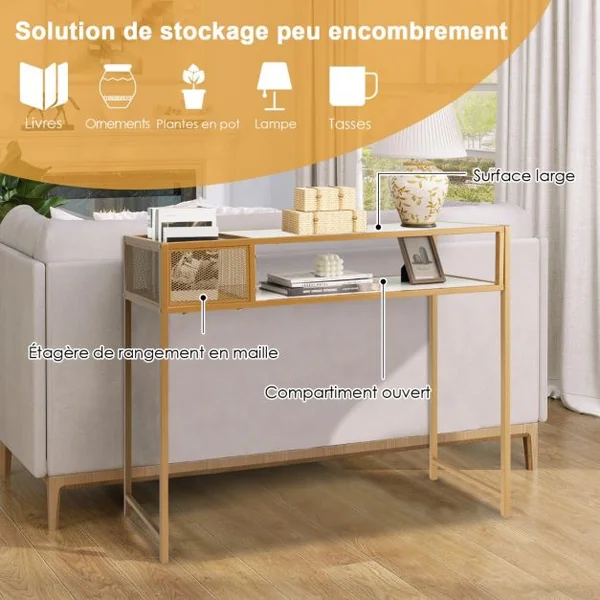 Table Console avec Étagère Ouverte Structure en Acier Doré Table d'Entrée Moderne pour Salon Couloir