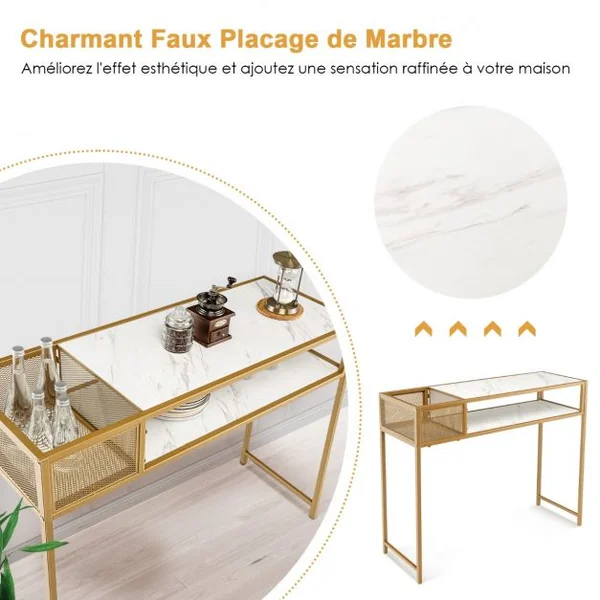 Table Console avec Étagère Ouverte Structure en Acier Doré Table d'Entrée Moderne pour Salon Couloir