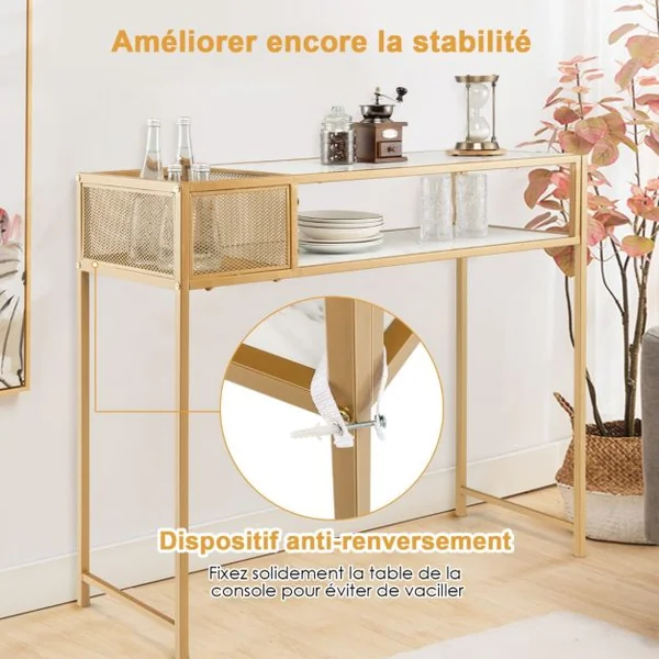 Table Console avec Étagère Ouverte Structure en Acier Doré Table d'Entrée Moderne pour Salon Couloir