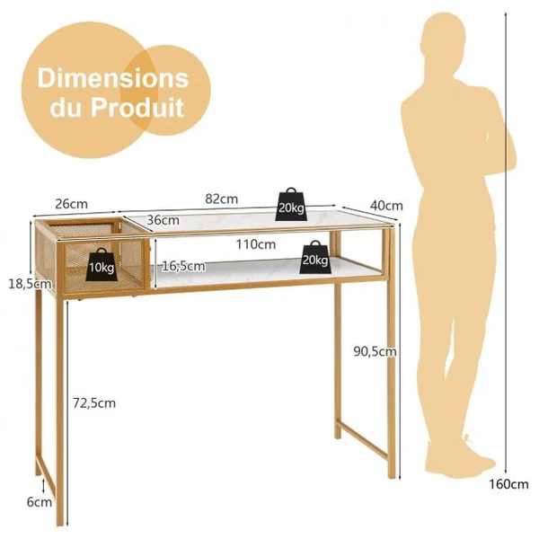 Table Console avec Étagère Ouverte Structure en Acier Doré Table d'Entrée Moderne pour Salon Couloir