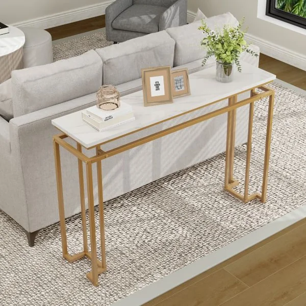 Table Console Console Entrée Effect Marbre Design Géométrique Moderne Cadre en Métal Doré pour Entrée Couloir Salon 120 X 30 X 805 CM Blanc