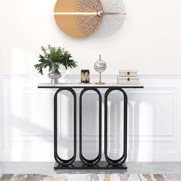 Table Console de 100 Cm Table d'Entrée en Faux Marbre Pieds Réglables Cadre en Métal Kits Anti-basculement Blanc et Noir