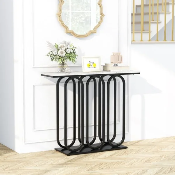 Table Console de 100 Cm Table d'Entrée en Faux Marbre Pieds Réglables Cadre en Métal Kits Anti-basculement Blanc et Noir
