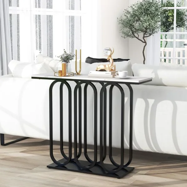 Table Console de 100 Cm Table d'Entrée en Faux Marbre Pieds Réglables Cadre en Métal Kits Anti-basculement Blanc et Noir