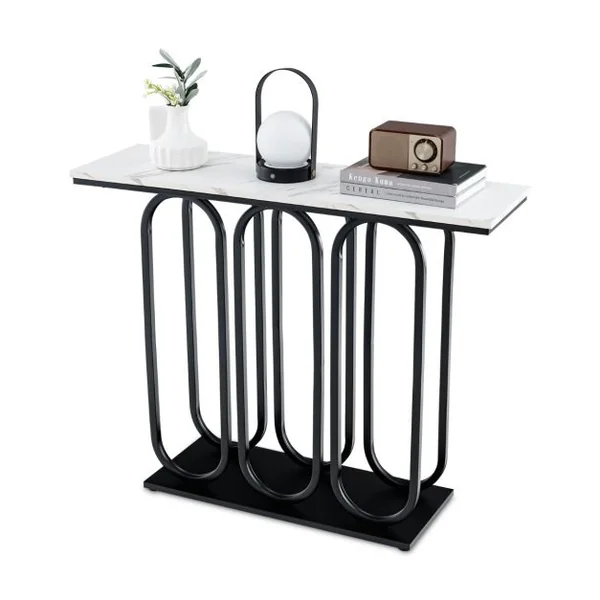 Table Console de 100 Cm Table d'Entrée en Faux Marbre Pieds Réglables Cadre en Métal Kits Anti-basculement Blanc et Noir