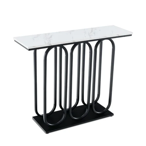 Table Console de 100 Cm Table d'Entrée en Faux Marbre Pieds Réglables Cadre en Métal Kits Anti-basculement Blanc et Noir