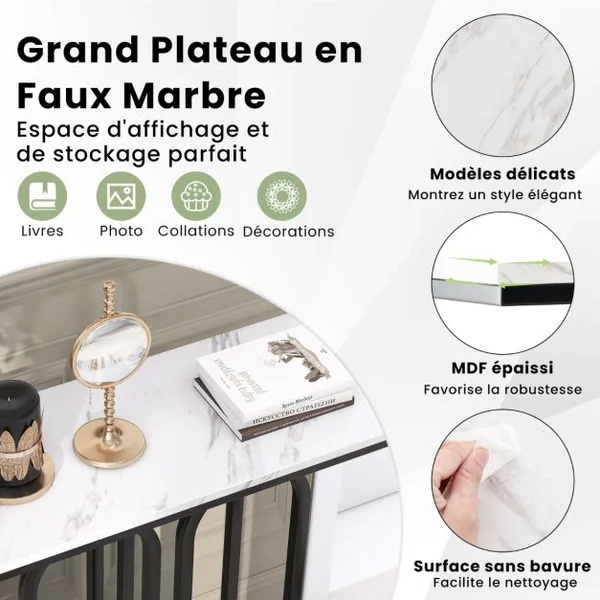 Table Console de 100 Cm Table d'Entrée en Faux Marbre Pieds Réglables Cadre en Métal Kits Anti-basculement Blanc et Noir