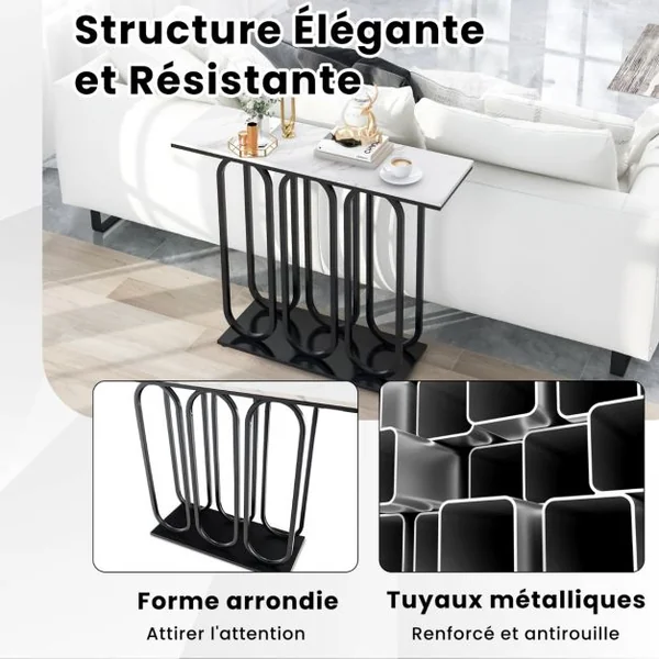 Table Console de 100 Cm Table d'Entrée en Faux Marbre Pieds Réglables Cadre en Métal Kits Anti-basculement Blanc et Noir