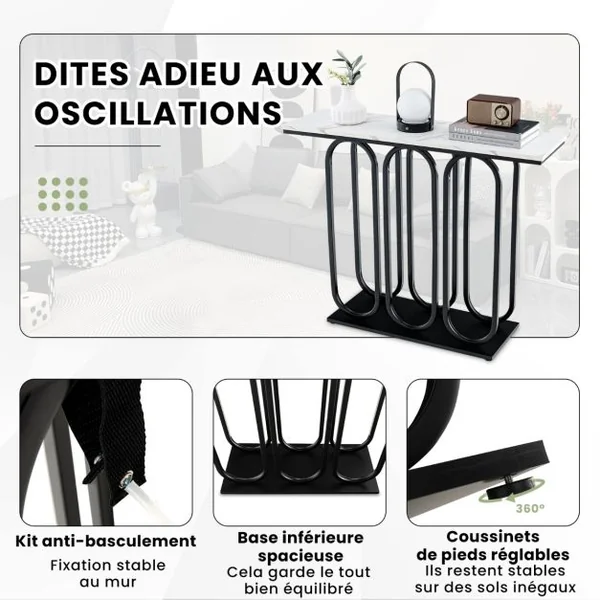Table Console de 100 Cm Table d'Entrée en Faux Marbre Pieds Réglables Cadre en Métal Kits Anti-basculement Blanc et Noir