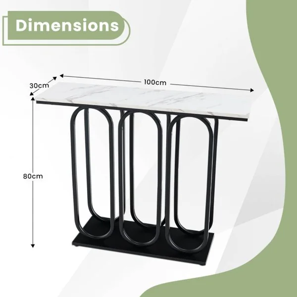 Table Console de 100 Cm Table d'Entrée en Faux Marbre Pieds Réglables Cadre en Métal Kits Anti-basculement Blanc et Noir