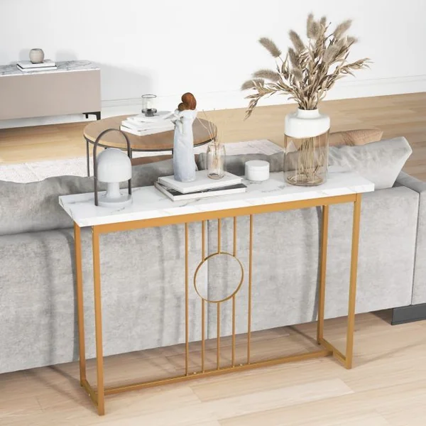 Table Console de 120 cm Table d'Entrée Moderne avec Plateau en Marbre Artificiel et Cadre en Métal Robuste Table pour Salon Couloir Entrée Blanc