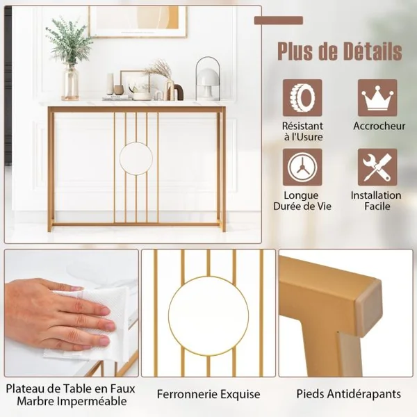 Table Console de 120 cm Table d'Entrée Moderne avec Plateau en Marbre Artificiel et Cadre en Métal Robuste Table pour Salon Couloir Entrée Blanc