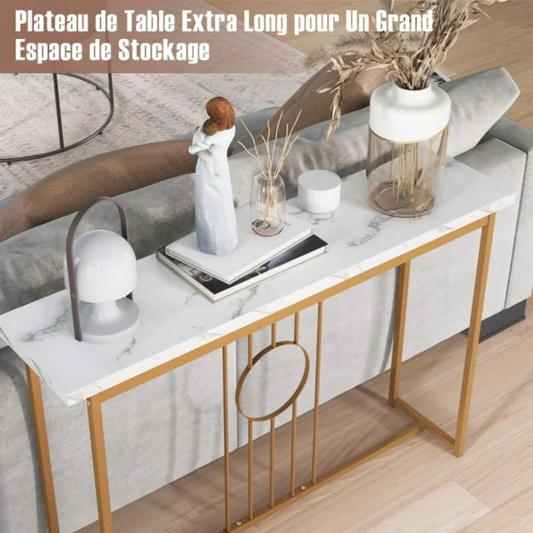 Table Console de 120 cm Table d'Entrée Moderne avec Plateau en Marbre Artificiel et Cadre en Métal Robuste Table pour Salon Couloir Entrée Blanc