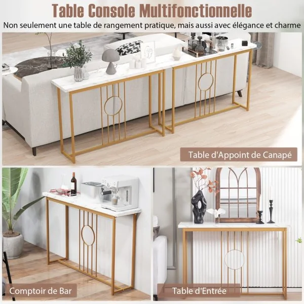 Table Console de 120 cm Table d'Entrée Moderne avec Plateau en Marbre Artificiel et Cadre en Métal Robuste Table pour Salon Couloir Entrée Blanc