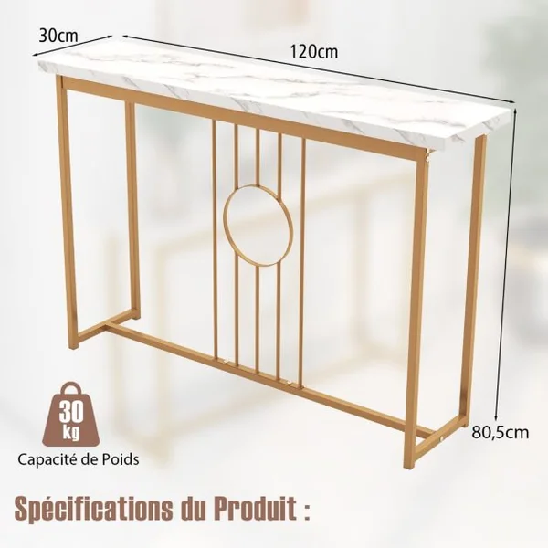 Table Console de 120 cm Table d'Entrée Moderne avec Plateau en Marbre Artificiel et Cadre en Métal Robuste Table pour Salon Couloir Entrée Blanc