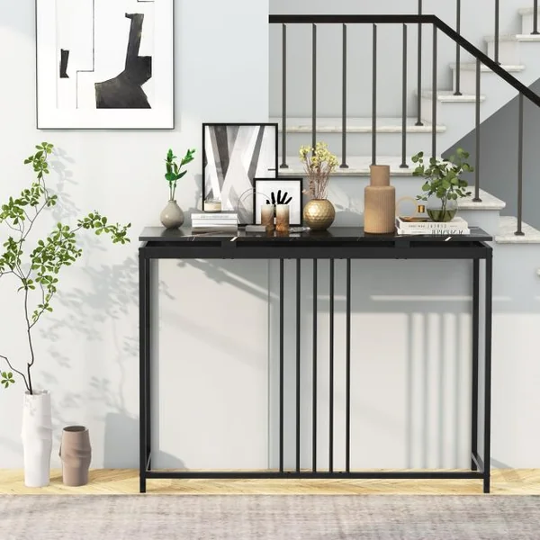 Table Console Effect Marbre 120 x 30 x 90 CM (L x l x H) Cadre en Acier Table d'Entrée Style Moderne Simple Noir
