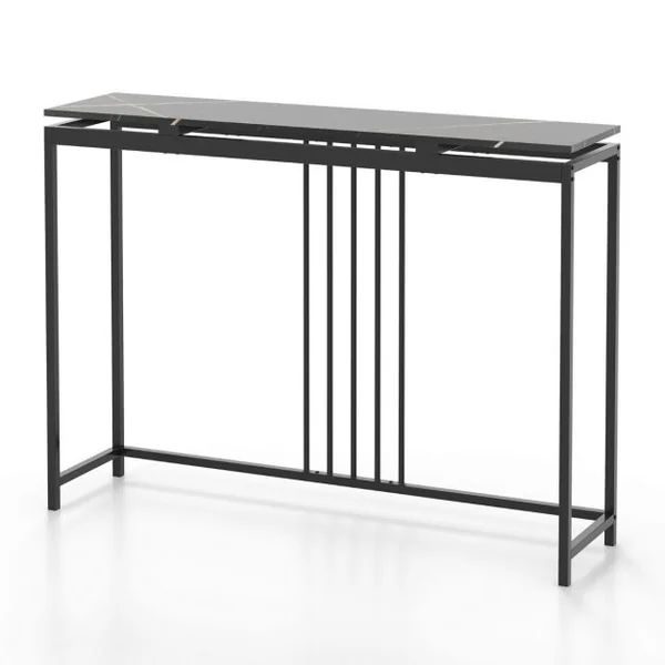 Table Console Effect Marbre 120 x 30 x 90 CM (L x l x H) Cadre en Acier Table d'Entrée Style Moderne Simple Noir