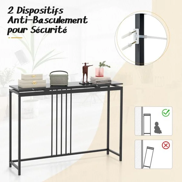 Table Console Effect Marbre 120 x 30 x 90 CM (L x l x H) Cadre en Acier Table d'Entrée Style Moderne Simple Noir