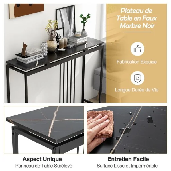 Table Console Effect Marbre 120 x 30 x 90 CM (L x l x H) Cadre en Acier Table d'Entrée Style Moderne Simple Noir