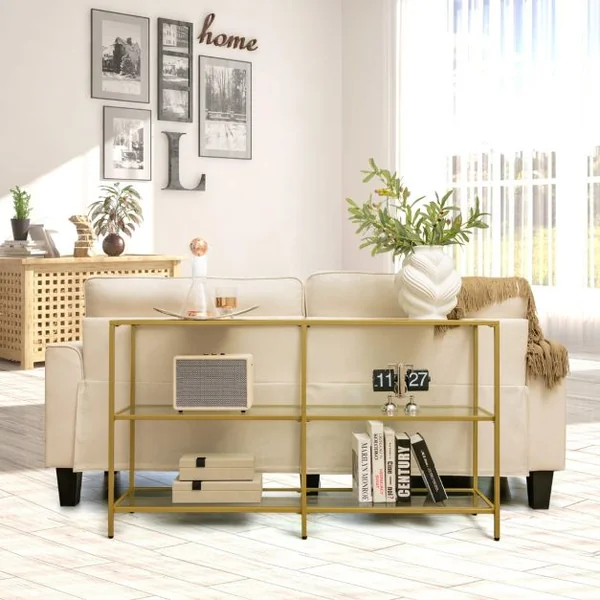 Table Console en Verre Trempé à 3 Niveaux Cadre Métallique Table d'Entrée Moderne pour Salon Bureau 130x30x73cm Doré