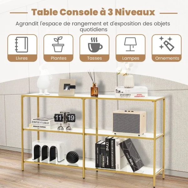 Table Console en Verre Trempé à 3 Niveaux Cadre Métallique Table d'Entrée Moderne pour Salon Bureau 130x30x73cm Doré