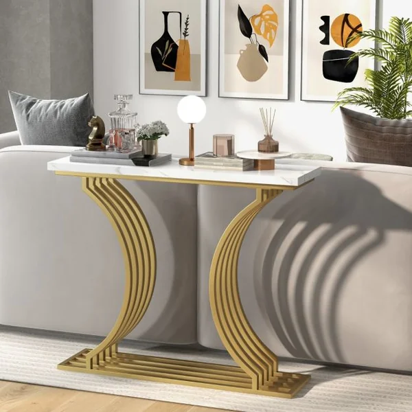 Table Console Imprimée Marbre 100 x 29,5 x 80,5 cm (L x l x H) Cadre en Métal Doré Style Scandinave Moderne Blanc