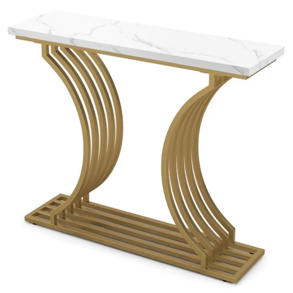 Table Console Imprimée Marbre 100 x 29,5 x 80,5 cm (L x l x H) Cadre en Métal Doré Style Scandinave Moderne Blanc