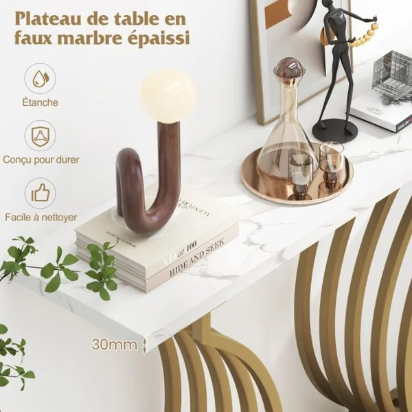 Table Console Imprimée Marbre 100 x 29,5 x 80,5 cm (L x l x H) Cadre en Métal Doré Style Scandinave Moderne Blanc