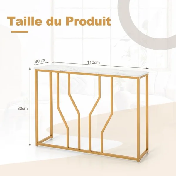 Table Console Meuble d'Entrée Effet Marbre 110 x 30 x 80 CM Design Géométrique Moderne Cadre en Métal Doré Blanc